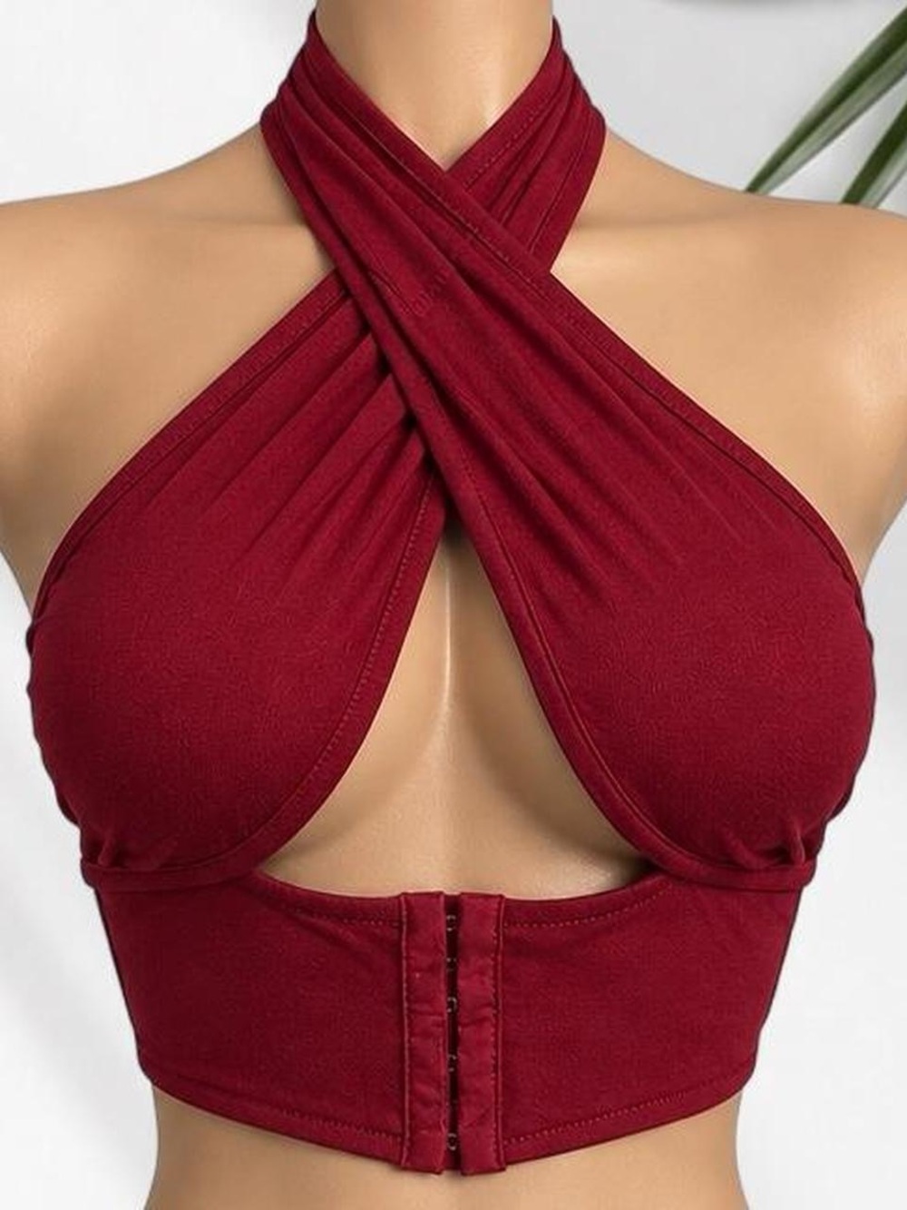 XS Burgundy Crisscross Cutout Strapless Corset Hook & Eye Halter Crop Top